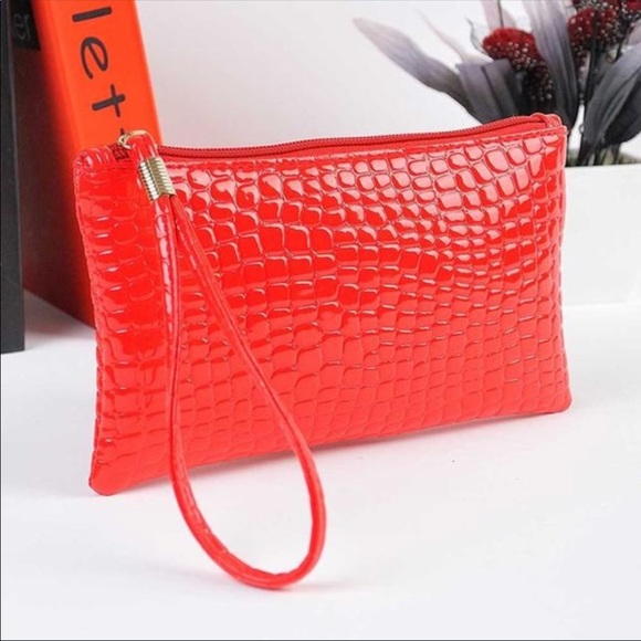 laly’s loves Handbags - Red Faux Crocodile Leather Wristlet